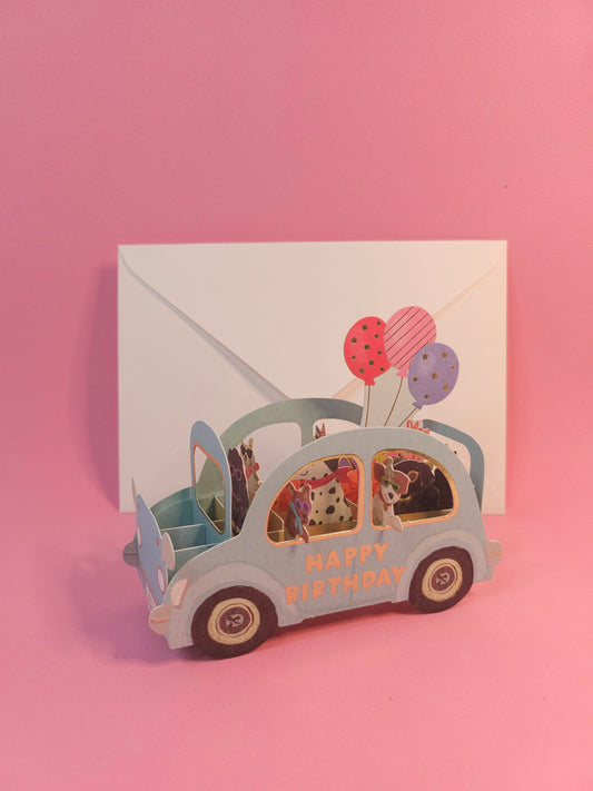 Party car birthday card/dog